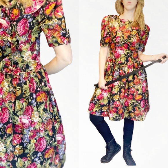 Vintage Dresses & Skirts - floral pattern black pink party punk dress bows !